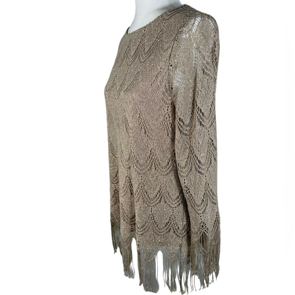 Chico’s Gold Metallic Scalloped Fringe Trim Dressy Top - Picture 6 of 11